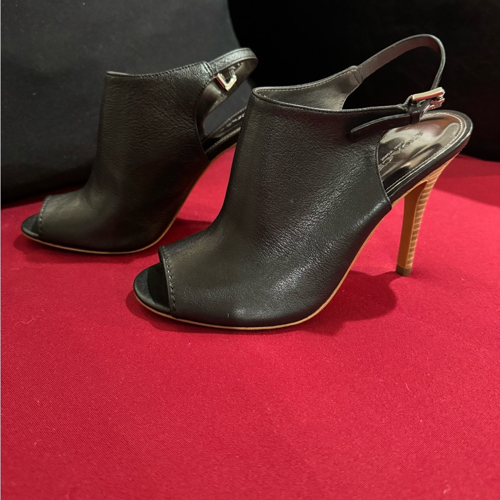 Coach Lenora Soft Grain Real Leather Black Slingback Peep-Toe Heels